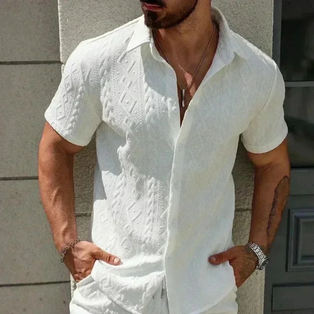 White Casual Men's Summer Solid Textured Shirt And Shorts Set